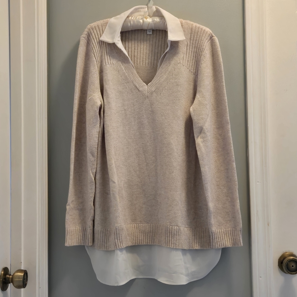 J.Jill Mixed Media Tunic Sweater Faux Blouse Oatmeal/Cream Large
